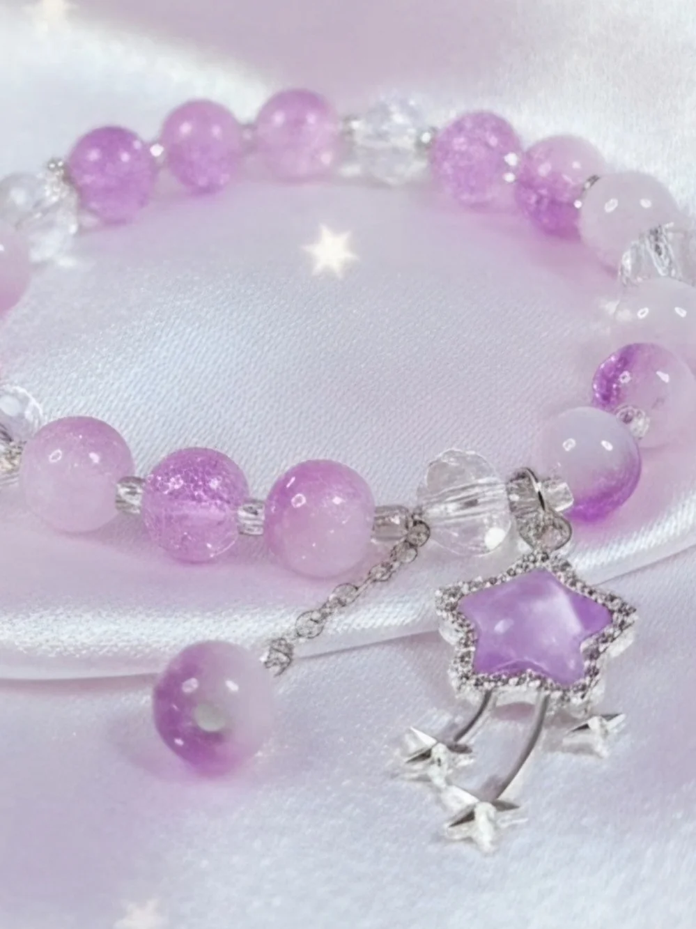 Silver Star Charm Lavender Beaded Bracelet